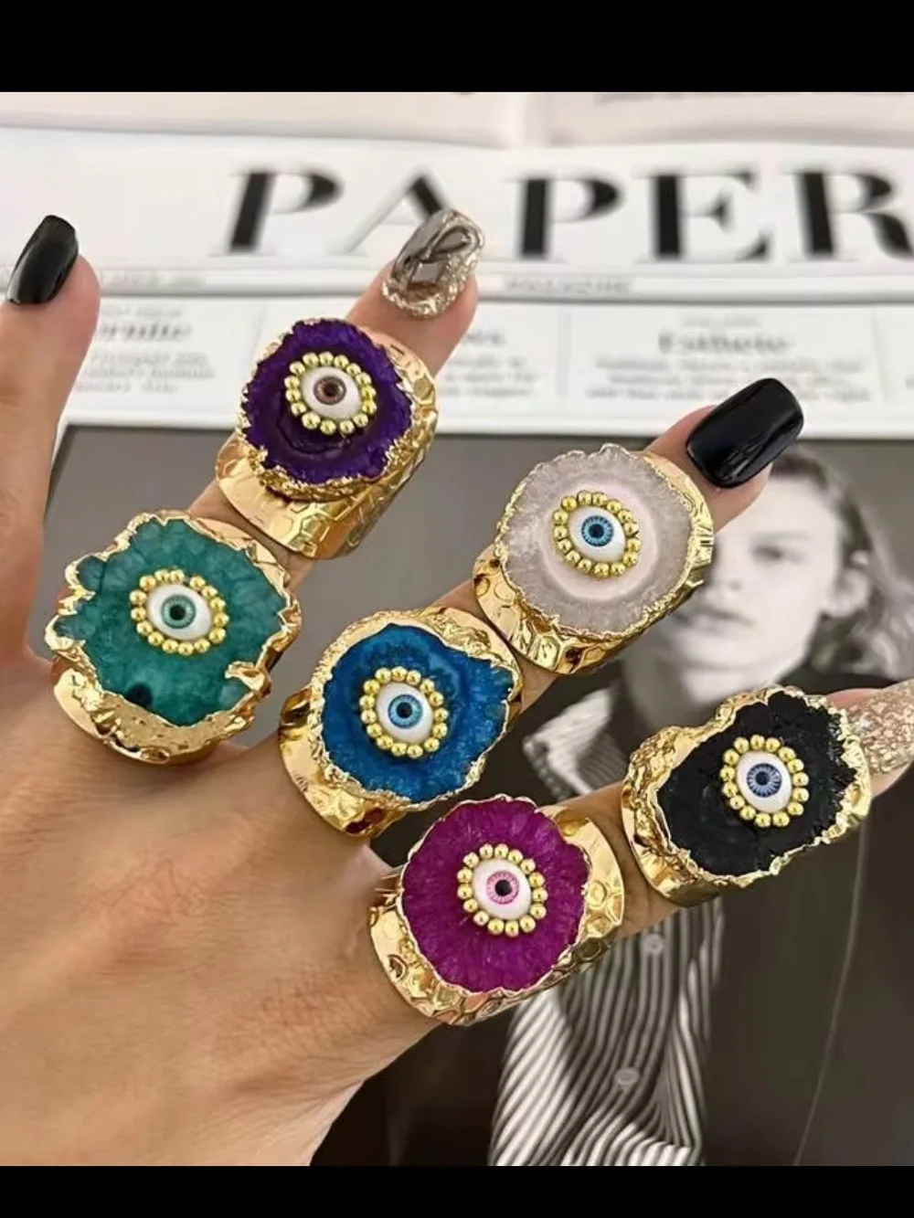 Purple Druzy Geode Evil Eye Ring with Gold Trim Adjustable